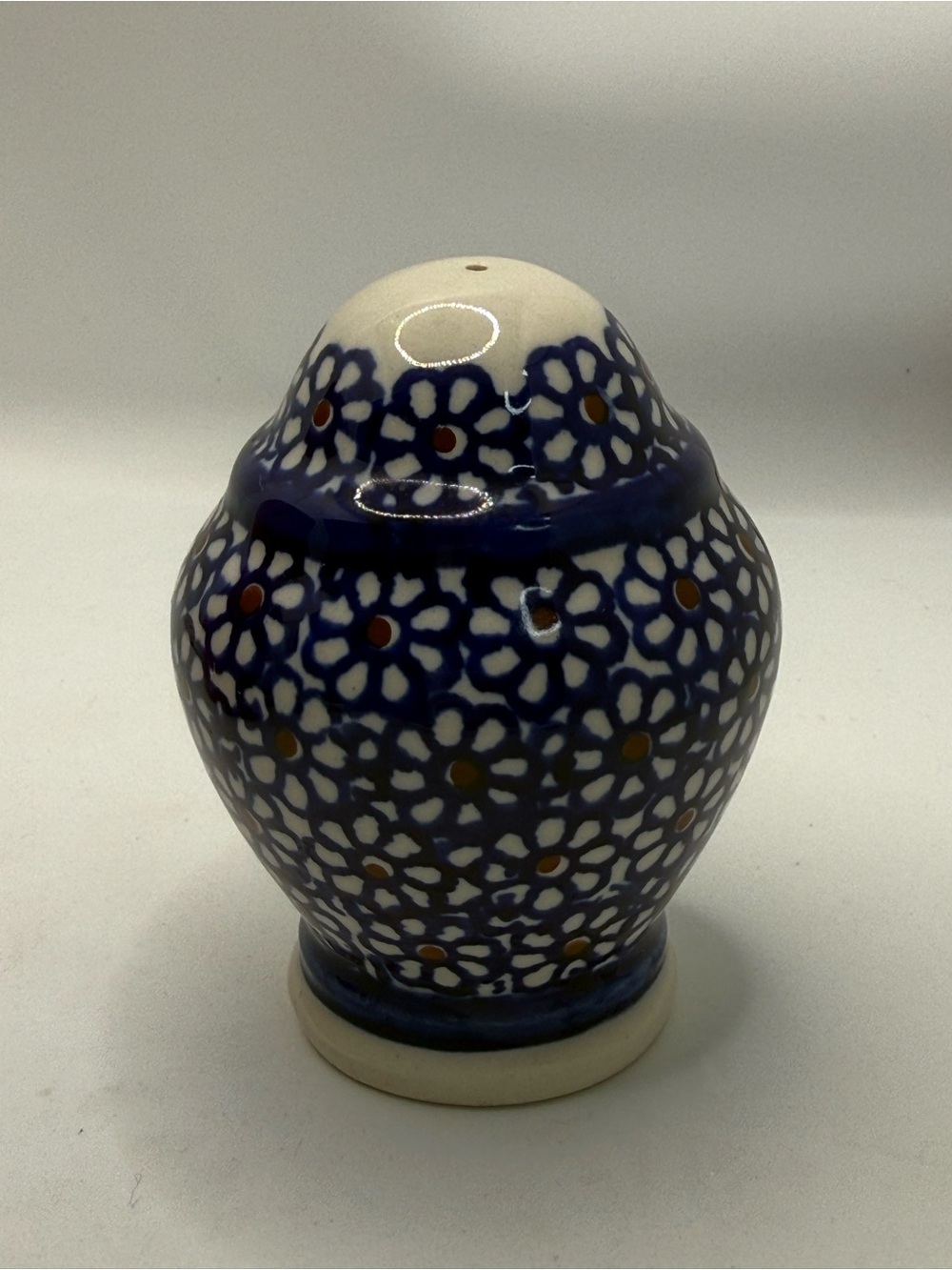 Bolesławiec Polish Pottery salt shaker featuring a blue daisy pattern